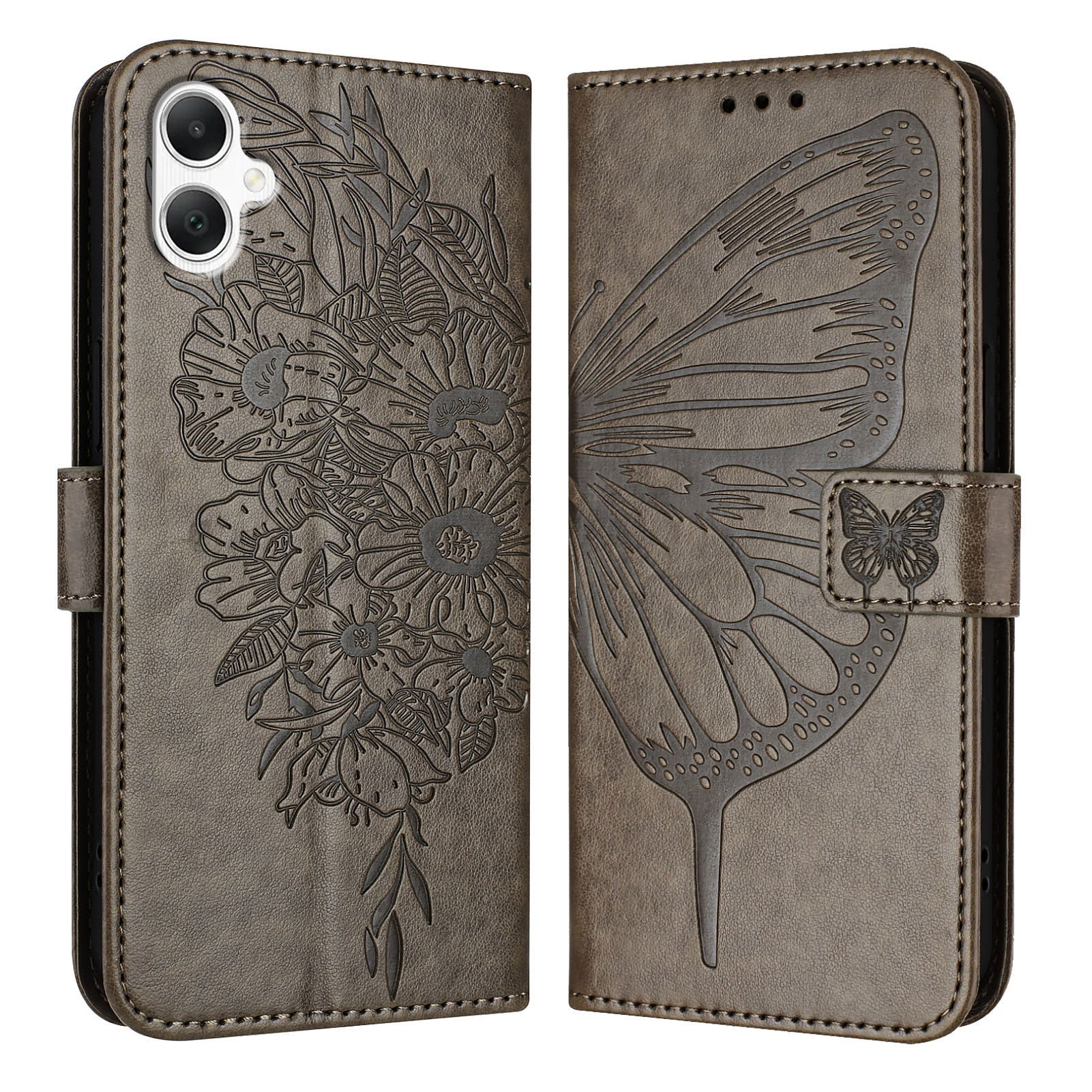 For Samsung Galaxy A06 Case YB Imprinting Series-4 Butterfly Flower Flip Wallet Leather Phone Cover - Grey For Samsung Galaxy A06 Case YB Imprinting Series-4 Butterfly Flower Flip Wallet Leather Phone Cover - Grey